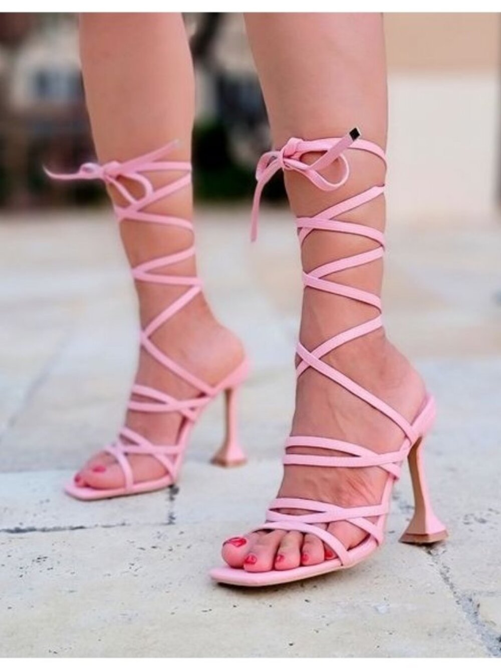 Women's Pink Strappy Pyramid Heel Gladiator Sandals